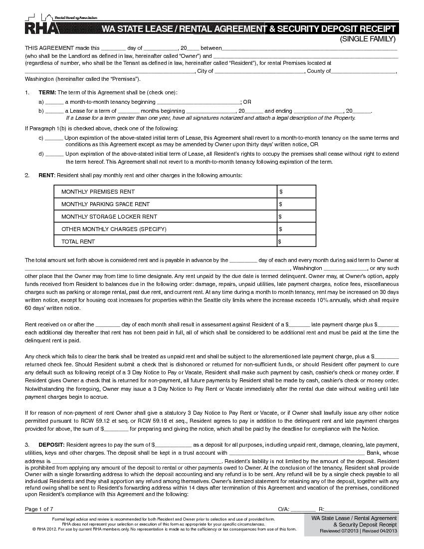 Washington Month to Month Rental Lease Agreement