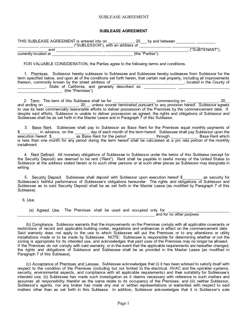 California Sublease Agreement