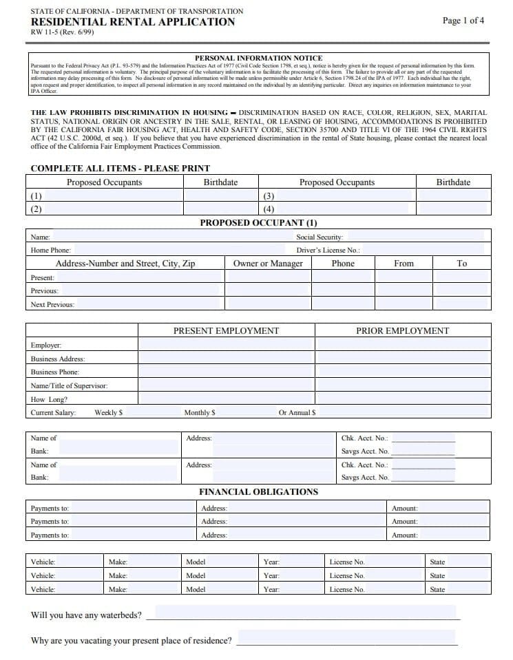 California Rental Lease Application - RW 11-5 Form
